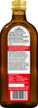 Tył brązowej szklanej butelki syropu Premium Rosa z pędów sosny, żółta nakrętka, biała etykieta z polskim tekstem.
