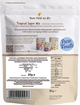Tył białego opakowania liofilizowanych owoców Tropical Super Mix 25g. Widoczne tabele odżywcze, skład ananas, mango, banan.
