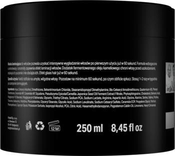 Tył czarnego słoiczka maski laminującej do włosów 250ml, z polskim opisem zastosowania i składników.