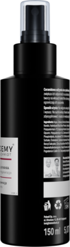 Tył czarnej butelki z odżywką regenerującą do włosów bez spłukiwania w sprayu, widoczne etykiety i 150 ml.