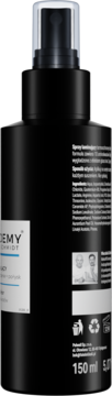 Czarny spray laminujący do włosów CADEMY, widok z boku z widocznym tyłem i etykietą składu, 150 ml.