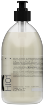 Tył dużej, owalnej butelki szamponu H101 z czarną pompką, z beżowym płynem i polskim opisem produktu.