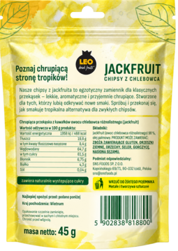 Tył żółtej torebki chipsów LEO Jackfruit 45g, z zielonymi liśćmi, opisem, składem i danymi producenta.