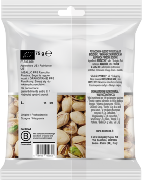 Tył przezroczystego opakowania ekologicznych pistacji 75g. Widoczne zielone orzechy i włoskie etykiety produktu.