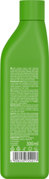 Tył zielonej butelki szamponu Neboa Matcha Energy 300ml, z białym tekstem informacyjnym i kodem kreskowym.