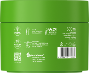 Tył zielonej butelki wzmacniającej maski do włosów z matchą 300ml, widoczne logo VEGAN, PETA i recyklingu.