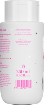 Tył białej butelki Szamponu peelingującego so!flow x Besties Club z różowym tekstem, miarą 250ml i kodem kreskowym.