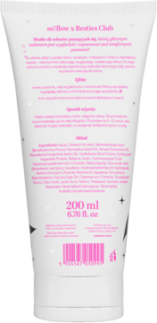 Tył białej tubki maski so!flow x Besties Club 200ml do włosów, różowy tekst, skład i kod kreskowy.