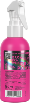 Tył różowej butelki odżywki do włosów w sprayu Grow Power, z widocznym kodem QR, składem i kodem kreskowym.