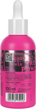 Różowe serum aktywujące Grow Power do włosów, widok z tyłu butelki z etykietą, kodem QR i kodem kreskowym.
