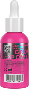 Różowe serum do włosów GROW POWER 50 ml w butelce z pipetą, widok z tyłu z kodem QR i kreskowym.