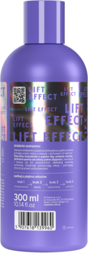 Fioletowy szampon LIFT EFFECT 300ml do włosów cienkich, tył z opisem i kodem kreskowym.