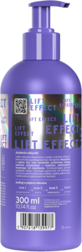 Tył fioletowej butelki lekkiej odżywki LIFT EFFECT z pompką, polskie opisy działania, 300ml.