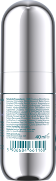 Tył srebrnego dezodorantu roll-on 40 ml z widoczną listą składników i kodem kreskowym. Błyszczące opakowanie.