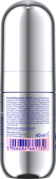 Tył srebrnego, metalicznego dezodorantu roll-on 40 ml z etykietą składników i różowym kodem kreskowym.