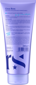 Fioletowa tubka odżywki Gloss Boss, 200ml, wygładzająco-nawilżającej, widok z przodu, z białym tekstem i niebieskim logo.