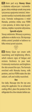 Etykieta kremu pod oczy Honey Glaze: tekst PL/EN, nawilżający z Manuka, proteinami mleka i ryżowym PORN.