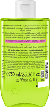 Tył zielonej butelki Bielenda Collagen Micellar Cocktail 750ml. Płyn micelarny do cery tłustej i mieszanej, z opisem.