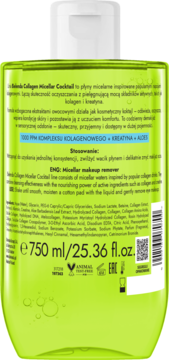Tył zielonej butelki Bielenda Collagen Micellar Cocktail 750 ml, z listą składników, opisem i certyfikatami.