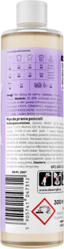 Tył butelki płynu Cleanright do prania pościeli, 300ml. Jasnobrązowa ciecz, fioletowa etykieta z instrukcjami i symbolami ostrzegawczymi.