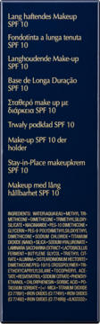 Tył opakowania podkładu długotrwałego SPF 10 z listą składników i opisami w wielu językach.