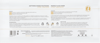 Panel informacyjny produktów, z opisami masek: Aktywnej Płatkowej Lifting/Nawilżenie i Perfect Eyes Mask.