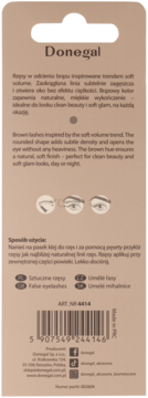 Tył opakowania brązowych sztucznych rzęs Donegal OH! So Brown no. 04 Pure Volume z opisem i kodem kreskowym.