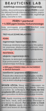 Opis serum PDRN BEAUTICINE LAB z listą składników aktywnych i zastosowaniem, widok z przodu.