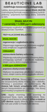 Etykieta serum BEAUTICINE LAB Snail Mucin z ceramidami, LED-compatible, widok z przodu, tekst na jasnym tle.