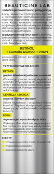 BEAUTICINE LAB RETINO-krem, biała etykieta z kluczowymi składnikami Retinol, Centella Asiatica, PDRN, z bliska.