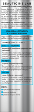 BEAUTICINE LAB HIALURO-krem, biała etykieta z niebieskimi akcentami, opis składników: kwas hialuronowy, pantenol, ektoina.