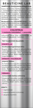 BEAUTICINE LAB, etykieta kremu z colostrum, owsianką i ceramidami. Opis składników aktywnych i efektów.