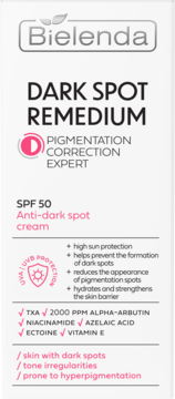 Bielenda Dark Spot Remedium SPF 50 krem w białym opakowaniu, widok z przodu, dla skóry z przebarwieniami.