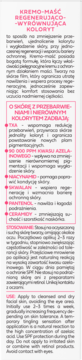 Biała etykieta produktu z różowym nagłówkiem "KREMO-MAŚĆ REGENERUJĄCO-WYRÓWNUJĄCA KOLORYT", polski tekst.