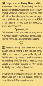 Panel informacyjny serum Honey Glaze: polski i angielski opis składu, właściwości, użycia. Jasne, pasiaste tło.