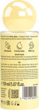 Mleczny tonik-esencja Honey glaze, tył żółtej butelki spray 150ml, z tekstem i kodem QR.