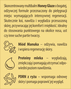 Beżowa ulotka Honey Glaze Multibalm z ikonami. Wyróżnia miód Manuka, proteiny mleka, PDRN z ryżu dla regeneracji skóry.