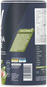 Tył czarnego opakowania proszku Matcha Vegan Protein z etykietami wartości odżywczych i listą składników.
