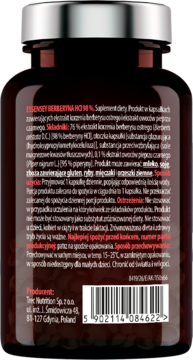 ESSENSEY BERBERYNA HCL 98%, tył ciemnej butelki z etykietą zawierającą skład, sposób użycia i ostrzeżenia.