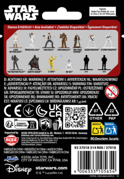 Metalowa figurka Star Wars, tył opakowania z galerią 13 postaci, ostrzeżeniami i kodem kreskowym produktu.