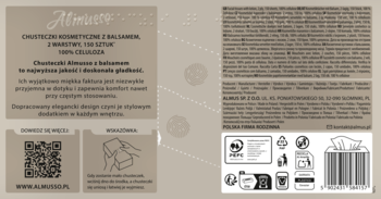 Tył eleganckiego opakowania chusteczek Almusso z balsamem. Beżowe pudełko z tekstem PL, QR i symbolami.