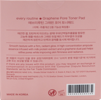 Tył różowego opakowania Graphene Pore Toner Pad every routine, z opisem działania, składem i barcode'em.