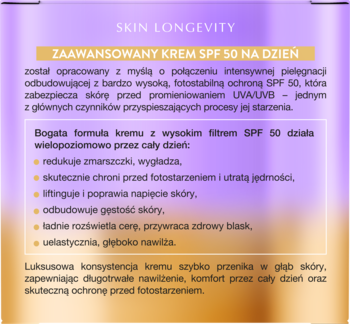 Opis kremu Eternal Skin Longevity SPF 50 na dzień, z tekstem o działaniu i benefitach na gradientowym tle.