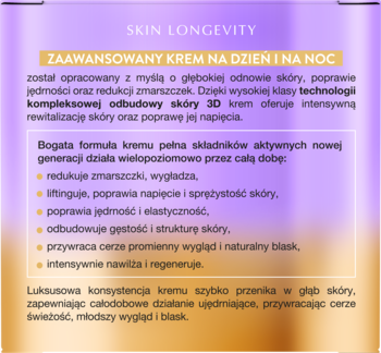 Grafika SKIN LONGEVITY: Zaawansowany krem na dzień i noc, kompleksowa odbudowa skóry 3D. Fioletowe tło.