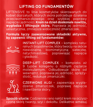 Tył opakowania kremu Soraya Liftensive na dzień: opis działania liftingującego i składników aktywnych na czerwonym tle.