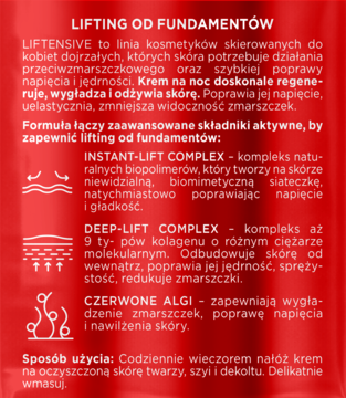 Promocyjna grafika kremu na noc Soraya Liftensive: opis działania, składniki aktywne na czerwonym tle.