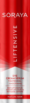 Soraya LIFTENSIVE Eye Cream-Serum, red & white packaging. Tightening, smoothing for mature skin, frontal view.