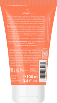 Tył pomarańczowej tubki MyVITAMINclean Balsam do demakijażu, z widocznymi składnikami i kodem kreskowym.
