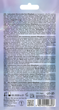 Tył opakowania plastrów hydrokoloidowych #StopSpots w kolorze jasnofioletowym, z tekstem w wielu językach i kodem kreskowym.