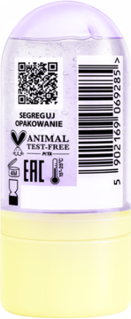 Tył Tonizującej Jelly Mist, przezroczysta butelka z fioletowym płynem, żółta baza, etykieta z kodem QR, recykling, cruelty-free.